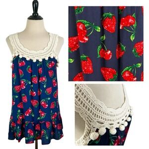 ENTRO New Cherries Strawberries Fruit TOP S Crochet Lace Hippie Retro Tank